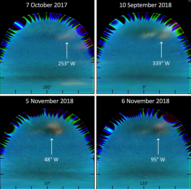 Hubble images from 2017 to 2018 showing the emergence and evolution of the dark vortex.